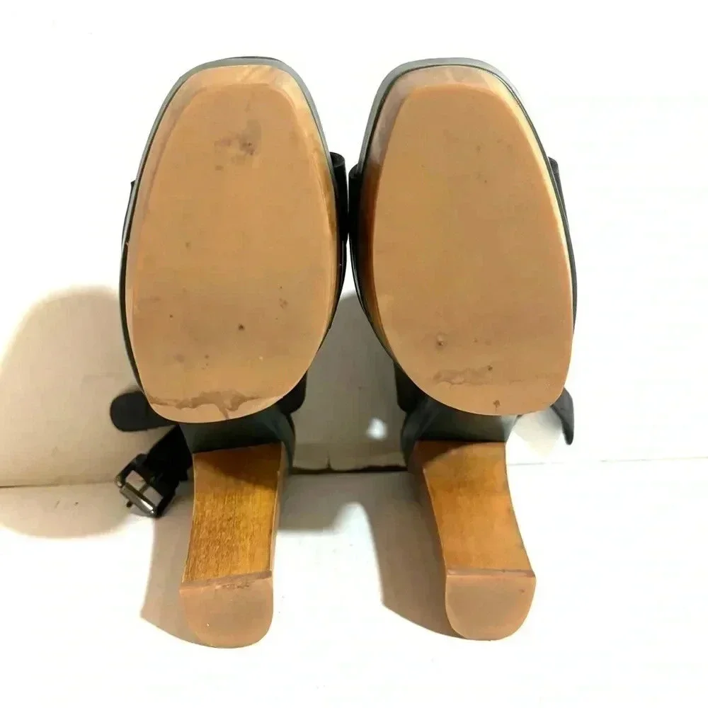 Marni + H&M black green wood leather chunky heel’s platform sandals